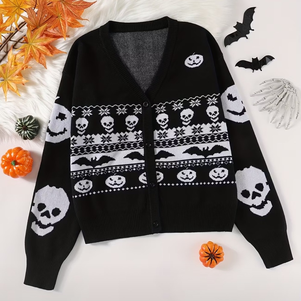 NWOT Halloween Insipred Black & White Goth Button Down Holiday Cardigan Sweater